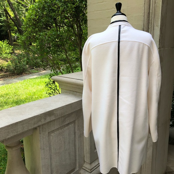 Vince Cream Wool blend Coat faux Leather black piping sz Large - Picture 4 of 14